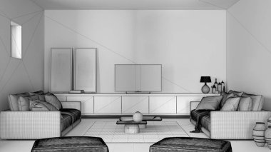 Tamamlanmamış proje taslağı, kanepe, battaniye ve yastıklı rahat oturma odası, halı, kahve masası, puf ve dekorlar, televizyon, televizyon, çağdaş iç tasarım