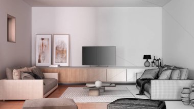 Mimari iç mimar konsepti: bitmemiş proje gerçek oluyor, kanepe, salon, halı, kahve masası, puf ve dekorlar, televizyon kabini, çağdaş tasarım