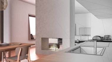 Mimari iç mimar konsepti: Bitmemiş proje gerçek, rahat mutfak, lavabo ve musluk, yemek masası, modern şömine, oturma odası, kanepe, çağdaş mimari haline geliyor
