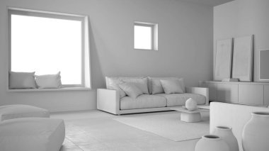 Tamamen beyaz proje taslak, kanepe ve yastıklı rahat oturma odası, dinlenme odası, halı, vazolu kahve masası, puf ve dekorlar, büyük kare pencere, çağdaş iç tasarım.