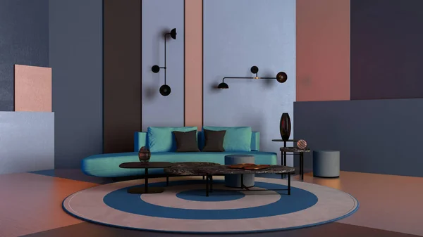 Colorful living room, lounge with blue sofa, coffee table and decors, plaster colored panels, round carpet, wall lamps, background with copy space, expo interior design concept idea