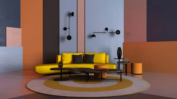 Дизайн інтер'єру розмитого фону, барвиста вітальня, вітальня з жовтим диваном, журнальний столик і декори, гіпсові кольорові панелі, килим, фон з копіювальним простором, концепція виставки — стокове фото