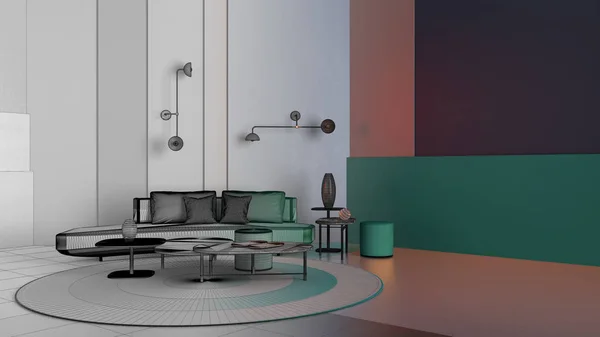 Architekt design interiéru koncept: nedokončený projekt, který se stává skutečným, barevný obývací pokoj, tyrkysová pohovka, konferenční stolek, barevné panely, koberec, zázemí s kopírovacím prostorem — Stock fotografie
