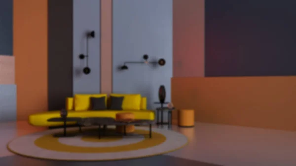 Projeto do interior do fundo do borrão, sala de estar colorida, sala de estar com sofá amarelo, mesa de café e decorações, painéis coloridos de gesso, tapete, fundo com espaço de cópia, ideia de conceito de exposição — Fotografia de Stock