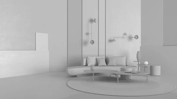 Total white project draft, modern living room, lounge with sofa, coffee table and decors, panels, carpet, wall lamps, background with copy space, expo interior design concept idea — 스톡 사진