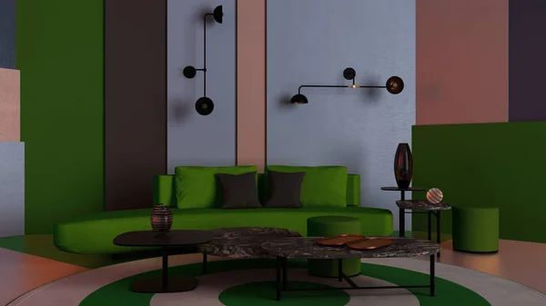 Sala de estar colorida, sala de estar com sofá verde, mesa de café e decorações, painéis coloridos de gesso, tapete redondo, lâmpadas de parede, fundo com espaço de cópia, ideia de conceito de design de interiores de exposição — Fotografia de Stock