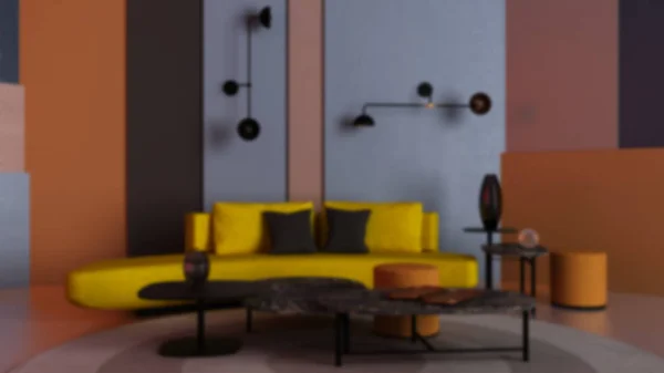 Fond flou design intérieur, salon coloré, salon avec canapé jaune, table basse et décors, panneaux de couleur plâtre, tapis, fond avec espace de copie, idée de concept expo — Photo