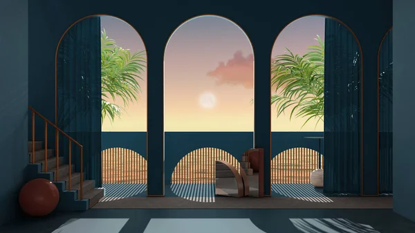 Terrazza da sogno, tramonto sul mare o alba con luna e cielo nuvoloso, palme tropicali, archi in gesso di stucco blu, scala con tappeto, balaustra classica, interior design — Foto Stock