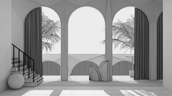 Nedokončený návrh projektu, zasněná terasa, panorama, tropické palmy, oblouky, schodiště s kobercem, klasická balustráda, opona, zrcadla a dekorace, koncept interiérového designu — Stock fotografie