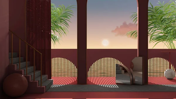 Terraza de ensueño, puesta de sol sobre el mar o salida del sol con luna y cielo nublado, palmeras tropicales, arcos en yeso de estuco rojo, escalera con alfombra, balaustrada clásica, diseño de interiores — Foto de Stock