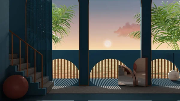 Terraza de ensueño, puesta de sol sobre el mar o salida del sol con luna y cielo nublado, palmeras tropicales, arcos en yeso de estuco azul, escalera con alfombra, balaustrada clásica, diseño de interiores — Foto de Stock