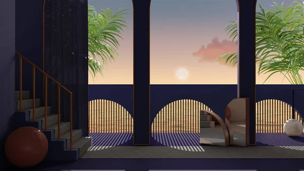 Terrasse de rêve, au-dessus du coucher ou du lever du soleil avec lune et ciel nuageux, palmiers tropicaux, arches en stuc violet, escalier avec tapis, balustrade classique, décoration intérieure — Photo