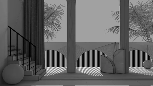 Projeto inacabado projecto, terraço sonhador, sobre panorama, palmeiras tropicais, arcadas, escadaria com tapete, balaustrada clássica, cortina, espelhos e decorações, conceito de design de interiores — Fotografia de Stock