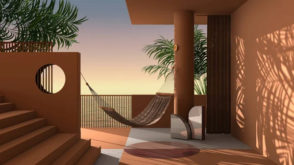 Dreamy terrace, over sea sunset or sunrise panorama, tropical palm trees, orange stucco plaster wall, staircase and balustrade, round column and curtain, hammock, interior design — Stock Photo, Image