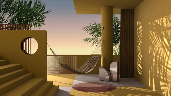 Dreamy terrace, over sea sunset or sunrise panorama, tropical palm trees, yellow stucco plaster wall, staircase and balustrade, round column and curtain, hammock, interior design — Stock Photo, Image