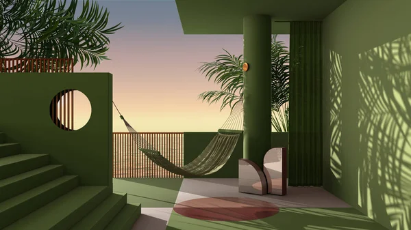 Dreamy terrace, over sea sunset or sunrise panorama, tropical palm trees, green stucco plaster wall, staircase and balustrade, round column and curtain, hammock, interior design — Stock Photo, Image