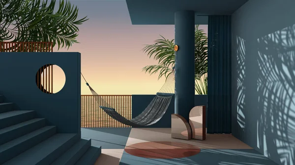 Dreamy βεράντα, πάνω από το ηλιοβασίλεμα στη θάλασσα ή την ανατολή του ηλίου πανόραμα, τροπικούς φοίνικες, μπλε τοίχο σοβά στόκο, σκάλα και balustrade, στρογγυλή στήλη και κουρτίνα, αιώρα, εσωτερική διακόσμηση — Φωτογραφία Αρχείου