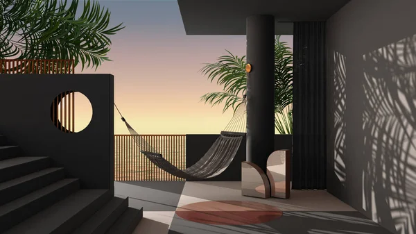 Dreamy terrace, over sea sunset or sunrise panorama, tropical palm trees, gray stucco plaster wall, staircase and balustrade, round column and curtain, hammock, interior design — Stock Photo, Image
