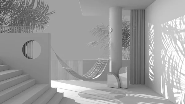 Total white project draft, dreamy terrace, over panorama, tropical palm trees, stucco plaster wall, staircase and balustrade, round column and curtain, hammock, interior design — 스톡 사진