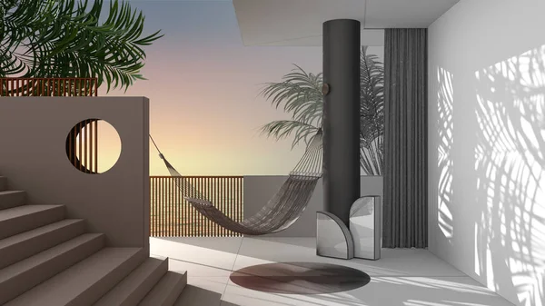 Architect interior designer concept: unfinished project that becomes real, dreamy terrace, over sea panorama, tropical palm trees, plaster walls, staircase, hammock, exterior design — Stock Photo, Image