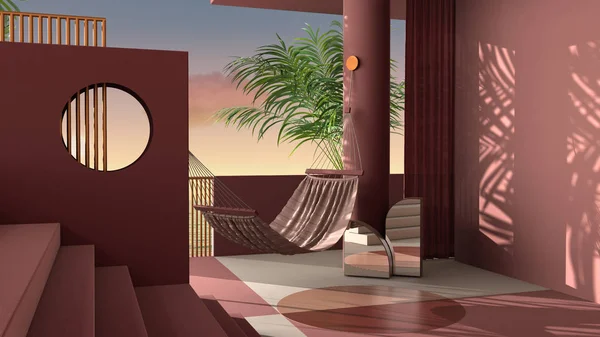 Мечтательный терраса, над морем закат или восход солнца панорама, тропические пальмы, красная штукатурка штукатурка стены, лестница и балюстрада, круглый столб и занавес, гамак, дизайн интерьера — стоковое фото