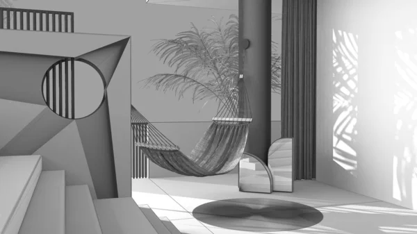 Niedokończony projekt biały, marzycielski taras, nad panoramą, tropikalne palmy, ściana tynkowa ze sztukaterią, schody i balustrada, okrągła kolumna i zasłona, hamak, wystrój wnętrz — Zdjęcie stockowe