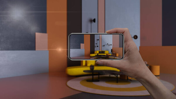 Hand holding smart phone, AR application, simulate furniture and interior design products in real home, architect designer concept, blur background, colored living room with sofa