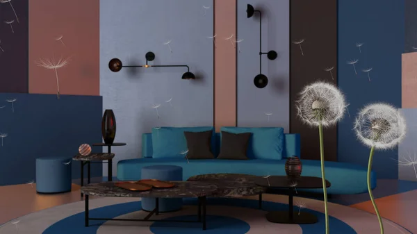 Chlupatá vzdušná pampeliška s foukajícími výtrusy semen nad barevným obývacím pokojem s modrou pohovkou, konferenčním stolkem a dekoracemi. Návrh interiéru. Koncept změny, růstu, pohybu a svobody — Stock fotografie