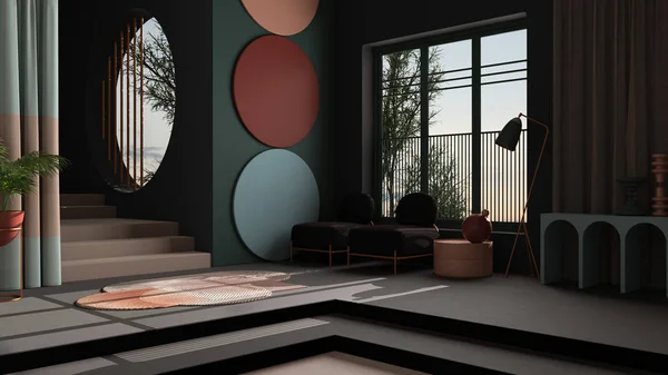 Pastellfärger och metafysiskt abstrakt objekt för platt vardagsrum i klassiskt utrymme, betongtrappa och grå väggar, fåtöljer och krukväxt, matta och lampor, inredning — Stockfoto