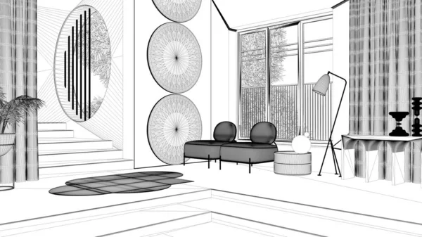 Blueprint project draft, metaphysical abstract object for flat living room in classic space, staircase and walls, armchairs and potted plant, carpet and lamps, interior design — 스톡 사진