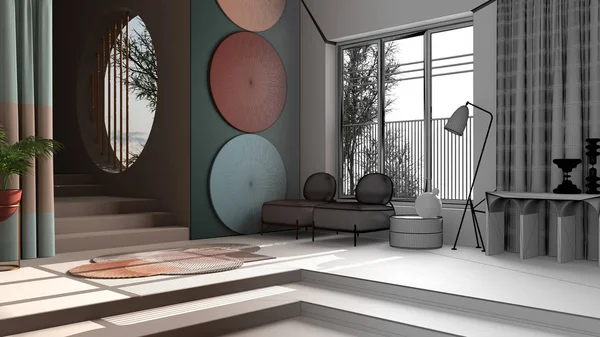 Концепция архитектора интерьера: незавершенный проект, который становится реальным, пастельные цвета и метафизический абстрактный объект для плоской гостиной, бетонная лестница, кресла, декоры — стоковое фото