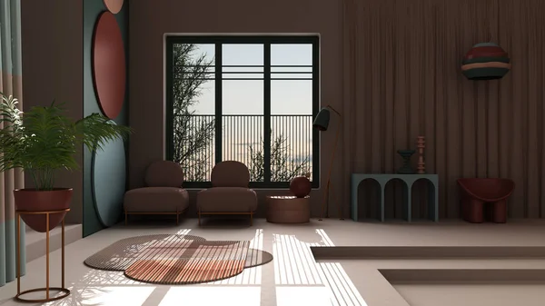 Colores pastel y objeto abstracto metafísico para sala de estar plana en el espacio clásico, escalera de hormigón y paredes rosadas, sillones y macetas, alfombras y lámparas, diseño de interiores — Foto de Stock