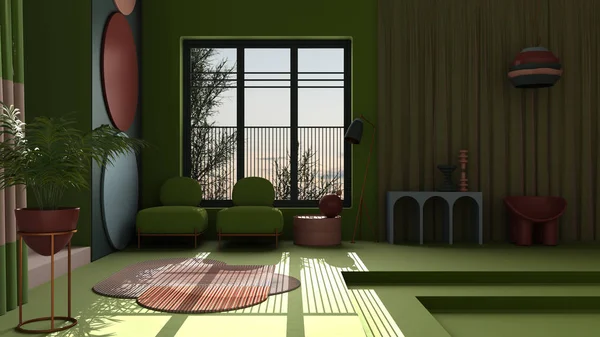Pastellfärger och metafysiskt abstrakt objekt för platt vardagsrum i klassiskt utrymme, betongtrappa och gröna väggar, fåtöljer och krukväxt, matta och lampor, inredning — Stockfoto