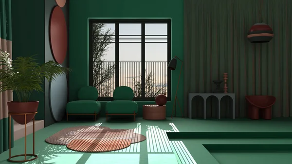 Colores pastel y objeto abstracto metafísico para sala de estar plana en el espacio clásico, escalera de hormigón, paredes turquesas, sillones, macetas, alfombras y lámparas, diseño de interiores — Foto de Stock