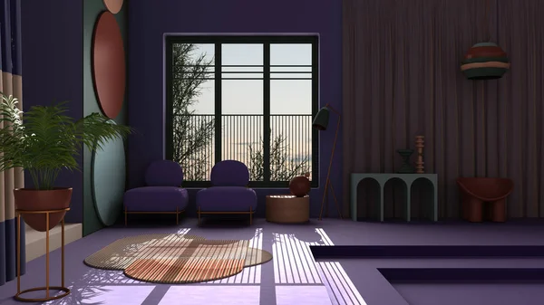 Пастельные цвета и метафизический абстрактный объект для плоской гостиной в классическом пространстве, бетонные лестницы и фиолетовые стены, кресла, горшечное растение, ковры и лампы, дизайн интерьера — стоковое фото