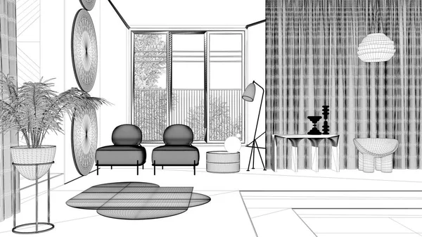 Проект чертежа, метафизический абстрактный объект для плоской гостиной в классическом пространстве, лестницы и стены, кресла и горшки, ковры и лампы, дизайн интерьера — стоковое фото