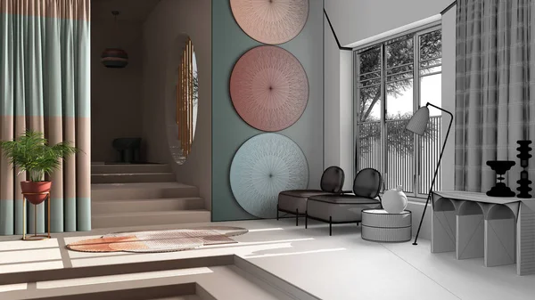 Architect interior designer concept: unfinished project that becomes real, pastel colors and metaphysical abstract object for flat living room, concrete staircase, armchairs, decors — 스톡 사진