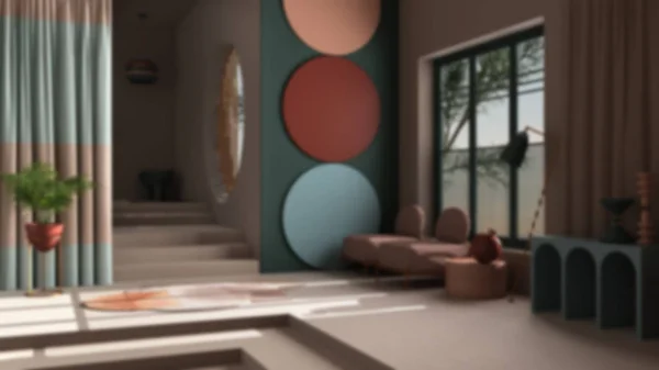 Blur bakgrund inredning, pastellfärger och metafysiskt abstrakt objekt för platt vardagsrum i klassiskt utrymme, trappa och väggar, fåtöljer och krukväxter, matta, lampor — Stockfoto