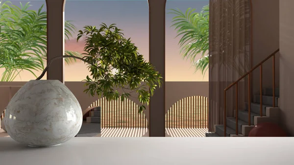 White mat table shelf with round marble vase and potted bonsai, green leaves, over dreamy terrace, sea panorama, palms, staircase and balustrade, zen clean architecture concept idea — 스톡 사진