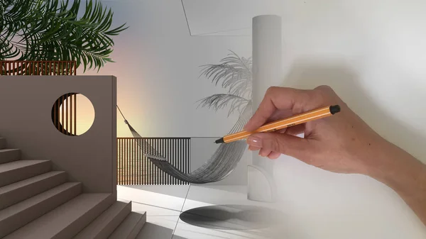 Architect interior designer concept: hand drawing a design interior project while the space becomes real, dreamy terrace, over sea panorama, palm trees, staircase, classic balustrade
