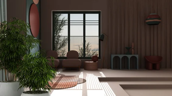 Дзен-интерьер с бамбуковым растением в горшке, концепция естественного дизайна интерьера, пастельные цвета и метафизический абстрактный объект для плоской гостиной в классическом пространстве, идея интерьера — стоковое фото