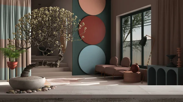 Vintage träbord hylla med sten och krukväxter bonsai, vita blommor, över pastell färger och abstrakt objekt för platt vardagsrum, zen ren arkitektur koncept idé — Stockfoto