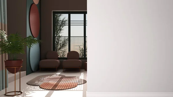 Χρώματα παστέλ και μεταφυσικά αφηρημένα αντικείμενα για το σαλόνι σε κλασικό χώρο σε ένα μπροστινό τοίχο, εσωτερική αρχιτεκτονική ιδέα, έννοια με αντίγραφο χώρου, κενό φόντο — Φωτογραφία Αρχείου