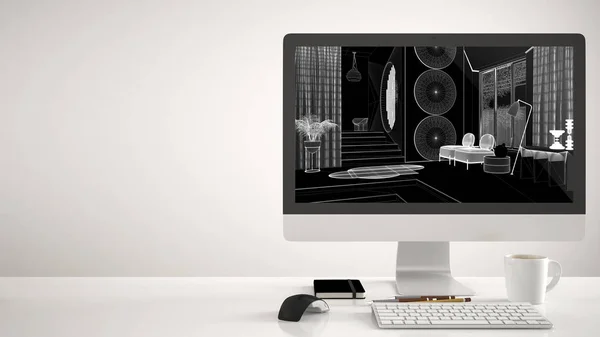 Arkitekt hus projekt koncept, stationär dator på vit bakgrund, skrivbord visar Cad skiss, modernt vardagsrum med fåtöljer, fönster och matta, koncept inredning — Stockfoto