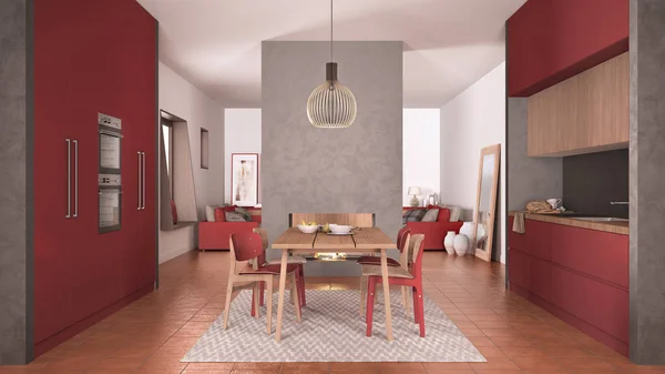 Acogedora cocina roja y de madera con mesa de comedor y sillas, chimenea y paredes modernas de hormigón, sala de estar con sofá, suelos de terracota, diseño interior contemporáneo —  Fotos de Stock