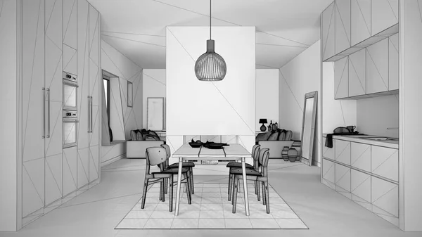 Projecto inacabado, cozinha acolhedora com mesa de jantar e cadeiras, lareira moderna e paredes, sala de estar com sofá, design de interiores contemporâneo — Fotografia de Stock