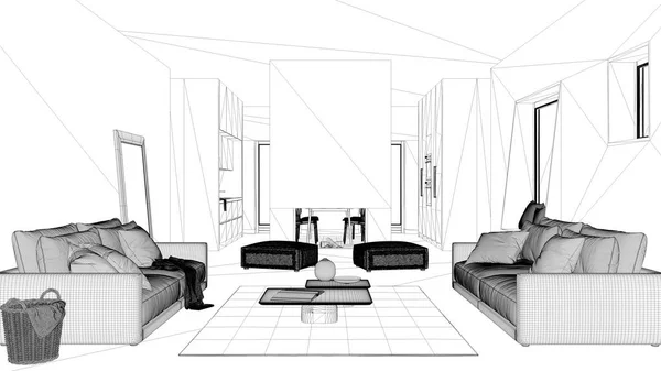 Blueprint project draft, cosy living room with sofa, carpet, table and pouf, modern fireplace and walls, kitchen with dining table and chairs, contemporary interior design — 스톡 사진