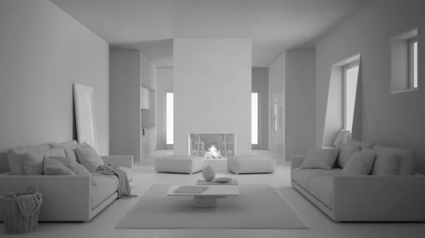 Totalt vitt projekt utkast, mysigt vardagsrum med soffa, matta, bord och puff, modern öppen spis och väggar, kök med matbord och stolar, modern inredning — Stockfoto