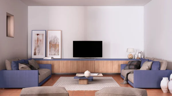 Cosy biru dan ungu ruang tamu dengan sofa dan bantal, ruang tunggu, karpet, meja kopi, selimut, kantong dan dekorasi, tv kabinet, lantai ubin terakota, desain interior kontemporer — Stok Foto