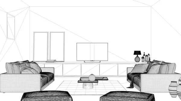 Blueprint project draft, cosy living room with sofa, blanket and pillows, lounge, carpet, coffee table, pouf and decors, tv cabinet, television, contemporary interior design — 스톡 사진